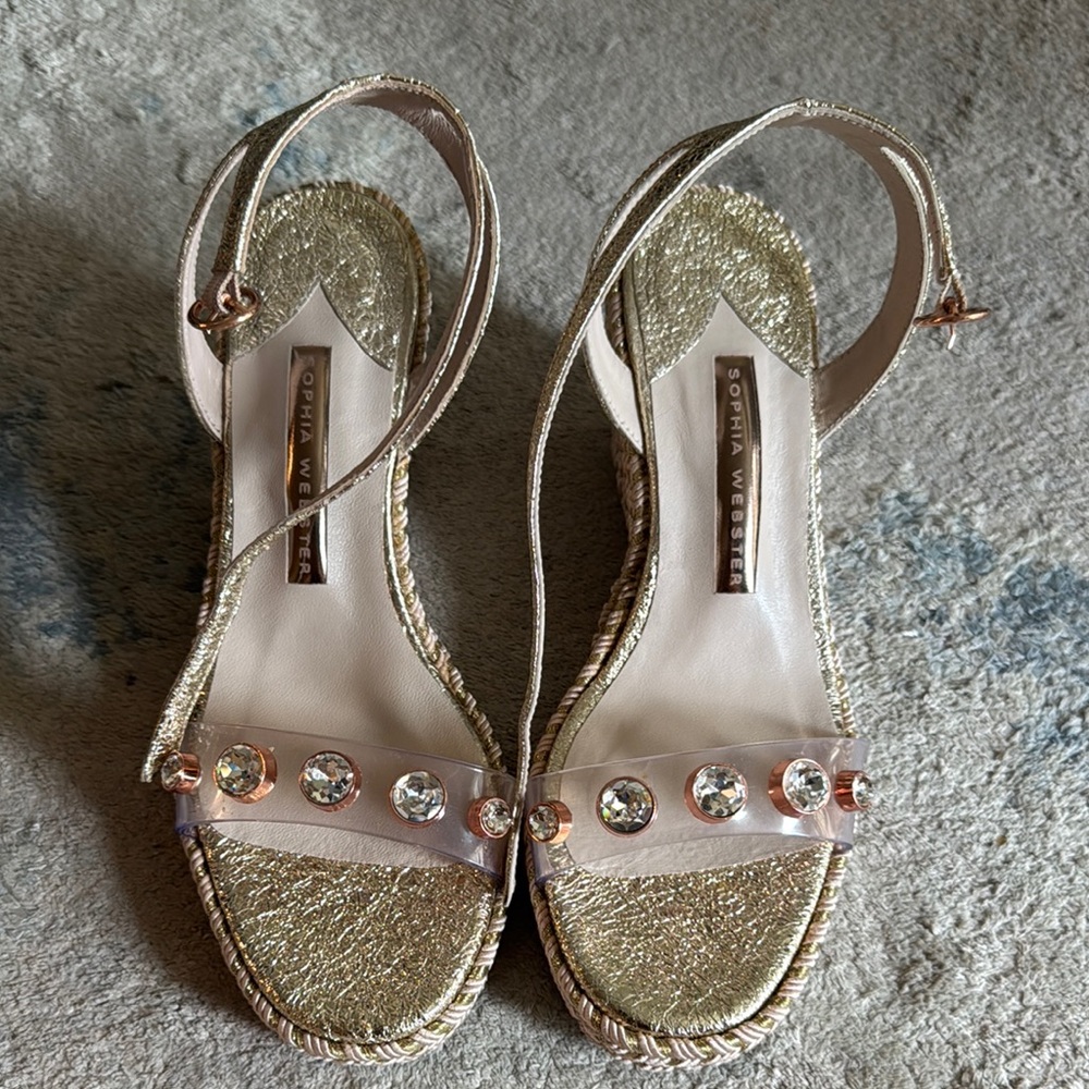 Sophia Webster Gold Espadrille Sandals with Crystal Embellishments